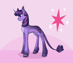 Size: 1043x892 | Tagged: safe, artist:arforzan, twilight sparkle, classical unicorn, pony, unicorn, g4, cloven hooves, cutie mark background, female, horn, leonine tail, mare, redesign, signature, solo, unicorn twilight, unshorn fetlocks