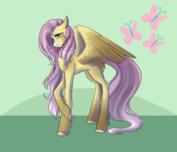 Size: 1042x892 | Tagged: safe, artist:arforzan, fluttershy, pegasus, pony, g4, cutie mark background, female, mare, redesign, signature, solo