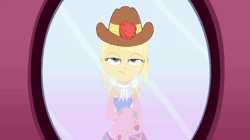 Size: 600x336 | Tagged: safe, screencap, applejack, rarity, human, equestria girls, g4, make up shake up, my little pony equestria girls: summertime shorts, animated, bare shoulders, boots, bracelet, cowboy boots, cowboy hat, cute, duo, duo female, eyes closed, fall formal outfits, female, gif, grin, hairpin, hat, jewelry, lip bite, mirror, raribetes, shoes, sleeveless, smiling, strapless