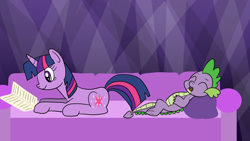 Size: 1920x1080 | Tagged: safe, artist:platinumdrop, spike, twilight sparkle, dragon, pony, unicorn, g4, book, couch, reading, request, sleeping, snoring, unicorn twilight