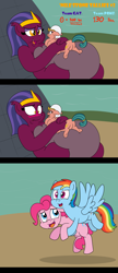 Size: 2360x5477 | Tagged: safe, artist:rupert, pinkie pie, rainbow dash, somnambula, the sphinx, earth pony, pegasus, pony, sphinx, series:miles&nilesofcat&fat, g4, 3 panel comic, belly, belly bed, big belly, blushing, butt, comic, cute, desert, duo, duo female, egyptian, egyptian headdress, egyptian pony, eyeshadow, fat, fat fetish, female, fetish, flying, grin, holding a pony, hug, huge belly, impossibly large belly, incentive drive, lidded eyes, lying down, makeup, mare, missing accessory, obese, plot, prone, puffy cheeks, pyramid, shocked, shocked expression, smiling, somnambetes, sphinxdorable, teeth, this ended in weight gain, weight gain, weight gain sequence