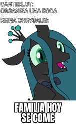 Size: 1200x1982 | Tagged: safe, artist:alejandrogmj, queen chrysalis, changeling, changeling queen, canterlot wedding 10th anniversary, g4, bowtie, fangs, female, happy, meme, simple background, spanish, white background