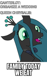 Size: 1200x1982 | Tagged: safe, artist:alejandrogmj, queen chrysalis, changeling, changeling queen, canterlot wedding 10th anniversary, g4, bowtie, cute, cutealis, fangs, female, happy, meme, simple background, white background