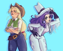 Size: 2155x1760 | Tagged: safe, artist:kavkanyan, applejack, rarity, human, g4, applejack's hat, belt, belt buckle, blue background, clothes, cowboy hat, cowgirl, cowgirl outfit, crossed arms, duo, ear piercing, earring, female, gloves, hat, humanized, jeans, jewelry, lipstick, makeup, pants, piercing, purple lipstick, signature, simple background, stetson, straw in mouth, western