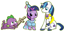 Size: 720x358 | Tagged: safe, artist:darlycatmake, artist:madmax, edit, shining armor, spike, twilight sparkle, dragon, pony, unicorn, g4, look before you sleep, adorable face, baby, baby dragon, baby spike, brother and sister, child, colt, colt shining armor, cute, female, filly, filly twilight sparkle, foal, friendly, froufrou glittery lacy outfit, happy, having fun, kids, knight, looking at each other, looking at someone, male, nice, open mouth, playful, playing, playing dead, pretend, princess, princess costume, royal guard, shining adorable, sibling bonding, siblings, simple background, smiling, smiling at each other, spikabetes, sword, transparent background, twiabetes, unicorn twilight, weapon, younger