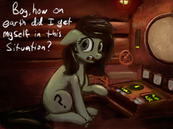 Size: 2541x1895 | Tagged: safe, artist:phutashi, oc, oc only, oc:anon-mare, earth pony, pony, control panel, female, filly, floppy ears, horror, imminent death, iron lung (game), mare, sitting, solo, submarine, talking to viewer, text, this will end in death, worried