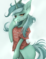 Size: 1680x2130 | Tagged: safe, artist:osefchan, lyra heartstrings, pony, unicorn, g4, bipedal, clothes, female, hoof on cheek, humie, lidded eyes, mare, redraw, shirt, signature, simple background, smiling, solo, t-shirt, that pony sure does love humans