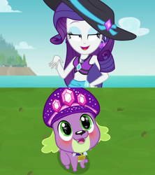 Size: 1280x1440 | Tagged: safe, edit, edited screencap, screencap, rarity, spike, spike the regular dog, dog, human, equestria girls, g4, lost and found, lost and pound, lost and pound: spike, my little pony equestria girls: better together, beach, bikini, blushing, clothes, ear piercing, earring, female, geode of shielding, grass, hat, interspecies, jewelry, magical geodes, male, piercing, sarong, ship:sparity, shipping, shipping domino, spike's festival hat, starry eyes, straight, swimsuit, wingding eyes