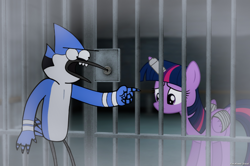 Size: 2160x1438 | Tagged: safe, artist:faze-alan-mskull2019, twilight sparkle, alicorn, pony, g4, 1000 hours in ms paint, bound wings, cell, female, horn, horn cap, jail, magic suppression, male, mare, meme, mordecai, prison, regular show, sad, twilight sparkle (alicorn), vector, wings