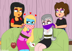Size: 1600x1143 | Tagged: safe, artist:robukun, oc, oc:ariel phantom, oc:chloe adore, oc:lydia, oc:shine, human, equestria girls, bondage, bound and gagged, cloth gag, couch, floating heart, gag, happy, heart, looking at each other, looking at someone, rope, rope bondage, ropes, satisfying, tied up