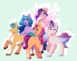 Size: 1280x1015 | Tagged: safe, artist:sunny-synopsis, hitch trailblazer, izzy moonbow, pipp petals, sunny starscout, zipp storm, earth pony, pegasus, pony, unicorn, g5, my little pony: a new generation, female, male, mane five, mare, stallion