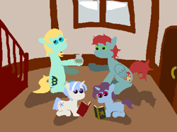 Size: 1281x960 | Tagged: safe, artist:minus, derpibooru exclusive, oc, oc only, oc:boreal evening, oc:double down, oc:hush muzzle, oc:iglis melte, earth pony, pegasus, pony, unicorn, adopted offspring, book, colt, daybreak island, door, drugs, earth pony oc, female, foal, full background, group, horn, house, indoors, male, mare, marijuana, mother and child, mother and son, pegasus oc, pixel art, reading, shadow, sitting, stairs, starry eyes, tail, two toned mane, unicorn oc, window, wingding eyes