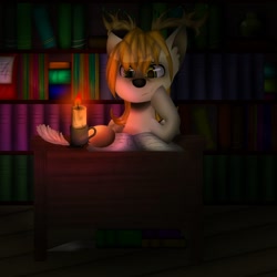 Size: 1000x1000 | Tagged: artist needed, safe, oc, oc only, oc:king mirael, deer, book, bookshelf, boring, candle, feather, fire, library, light, night, reading, solo, table