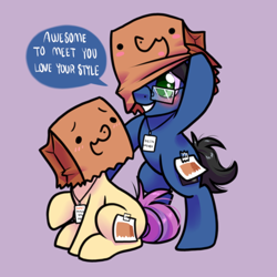 Size: 1000x1000 | Tagged: safe, artist:paperbagpony, oc, oc:digital wrench, oc:paper bag, pony, bag, bipedal, blushing, commission, dialogue, fake cutie mark, glasses, paper bag, ych result