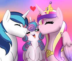 Size: 3000x2539 | Tagged: safe, artist:ponykittenboi, derpibooru exclusive, princess cadance, princess flurry heart, shining armor, alicorn, pony, unicorn, canterlot wedding 10th anniversary, blushing, cheek kiss, cute, eyes closed, family, father and child, father and daughter, female, gradient background, heart, high res, kiss sandwich, kissing, male, mother and child, mother and daughter, older, older flurry heart, one eye closed, open mouth, open smile, smiling, trio