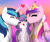 Size: 3000x2539 | Tagged: safe, artist:ponykittenboi, derpibooru exclusive, princess cadance, princess flurry heart, shining armor, alicorn, pony, unicorn, canterlot wedding 10th anniversary, g4, blushing, cheek kiss, cute, eyes closed, family, father and child, father and daughter, female, gradient background, heart, high res, kiss sandwich, kissing, male, mother and child, mother and daughter, older, older flurry heart, one eye closed, open mouth, open smile, smiling, trio