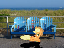 Size: 2048x1536 | Tagged: safe, artist:emper24, artist:mlplover94, applejack, earth pony, pony, g4, applejack's hat, atlantic city, bench, cowboy hat, female, freckles, hat, irl, looking at you, lying down, mare, new jersey, photo, ponies in real life, prone, raised hoof, shadow, smiling, solo, stetson
