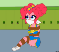 Size: 1210x1080 | Tagged: safe, artist:atmu, pinkie pie, human, equestria girls, g4, bondage, bound and gagged, cheerleader, cheerleader outfit, cloth gag, clothes, gag, lockers, rope, rope bondage, ropes, sad, scared, schrödinger's pantsu, solo, tied hair, tied up, worried