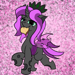 Size: 2000x2000 | Tagged: safe, artist:dafiltafish, oc, oc only, oc:bug, changeling, abstract background, bread, crown, fangs, female, food, high res, jewelry, purple changeling, regalia, solo