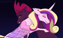 Size: 1400x860 | Tagged: safe, artist:stoopedhooy, derpibooru exclusive, princess cadance, tempest shadow, alicorn, pony, unicorn, canterlot wedding 10th anniversary, g4, blushing, cute, duo, duo female, female, hug, night, standing, wholesome