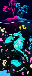 Size: 1700x4000 | Tagged: safe, artist:unlimitedmagic7, oc, sea pony, seapony (g4), black background, blue eyes, blue mane, bubble, contest entry, coral, dorsal fin, fins, fish tail, flowing mane, flowing tail, island, open mouth, seaweed, signature, simple background, solo, swimming, tail, tree, underwater, water