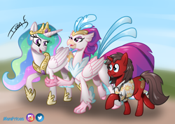 Size: 3508x2481 | Tagged: safe, artist:memprices, princess celestia, queen novo, oc, oc:ironyoshi, alicorn, hippogriff, pony, unicorn, g4, my little pony: the movie, commission, crown, high res, horn, jewelry, looking at each other, looking at someone, open mouth, open smile, pony oc, regalia, shading, smiling, stroll, talking, unicorn oc, walking