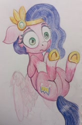 Size: 528x800 | Tagged: safe, artist:ponsce, pipp petals, pegasus, pony, g5, circlet, colored pencil drawing, female, floppy ears, hooves to the chest, lying down, on back, solo, spread wings, stare, traditional art, wings