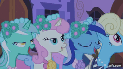 Size: 640x360 | Tagged: safe, screencap, eclair créme, lyra heartstrings, minuette, rarity, twinkleshine, earth pony, pony, unicorn, a canterlot wedding, g4, season 2, animated, clothes, dress, eyes closed, female, gif, gifs.com, magic, mare, night, open mouth, open smile, smiling, telekinesis