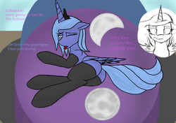 Size: 1024x719 | Tagged: safe, artist:aiibadbadgers, princess celestia, princess luna, alicorn, pony, g4, bed, butt, clothes, crescent moon, female, full moon, mare, moon, plot, s1 luna, spread wings, stockings, thigh highs, tongue out, wingboner, wings