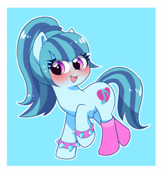 Size: 2488x2632 | Tagged: safe, artist:leo19969525, sonata dusk, earth pony, pony, g4, abstract background, blue background, blushing, clothes, cute, cyan background, earth pony sonata dusk, equestria girls ponified, female, hair, high res, open mouth, passepartout, ponified, simple background, socks, solo, sonatabetes, spiked wristband, sweat, sweatdrop, tail, wristband