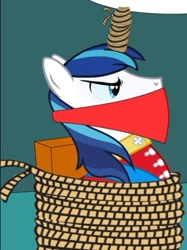 Size: 500x667 | Tagged: safe, shining armor, pony, unicorn, g4, angry, cloth gag, clothes, gag, glare, shining armor is not amused, tied to chair, tied up, unamused