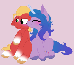 Size: 3168x2800 | Tagged: safe, artist:feather_bloom, izzy moonbow, sprout cloverleaf, earth pony, pony, unicorn, g5, blushing, bracelet, cheek kiss, cute, duo, female, floppy ears, high res, izzybetes, jewelry, kissing, male, mare, ship:izzysprout, shipping, simple background, sproutbetes, stallion, straight, unshorn fetlocks