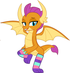 Size: 2550x2666 | Tagged: safe, artist:don't mind me, derpibooru exclusive, smolder, dragon, g4, clothes, dragoness, female, high res, horns, show accurate, simple background, socks, solo, stockings, striped socks, thigh highs, transparent background, wings