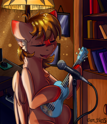 Size: 820x952 | Tagged: safe, artist:yuris, oc, oc only, oc:erin rorien, pegasus, pony, book, bookshelf, brown mane, chest fluff, closet, eyes closed, female, folded wings, lamp, microphone, microphone stand, musical instrument, open mouth, pegasus oc, room, singing, solo, ukulele, wings