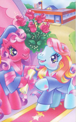 Size: 327x528 | Tagged: safe, artist:lyn fletcher, cheerilee (g3), rainbow dash (g3), earth pony, pony, g3, official, american flag, blushing, clothes, diploma, duo, duo female, female, flower, graduation, graduation cap, happy, hat, heart, heart eyes, hoof heart, rose, school, starry eyes, wingding eyes