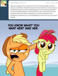 Size: 615x800 | Tagged: safe, artist:hotdiggedydemon, apple bloom, applejack, earth pony, pony, ask jappleack, g4, abuse, adorabloom, applebuse, ask, cute, female, filly, foal, jappleack, mare, text