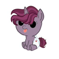 Size: 500x500 | Tagged: safe, artist:decokenite, artist:stargazeandsundance, oc, oc only, oc:nightingale, pony, unicorn, baby, baby pony, bun hairstyle, diaper, female, filly, foal, hair over eyes, horn, looking up, offspring, parent:chancellor neighsay, parent:tempest shadow, parents:tempest neighsay, simple background, solo, tongue out, transparent background, unicorn oc