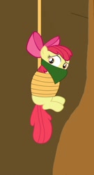 Size: 720x1338 | Tagged: safe, apple bloom, earth pony, pony, g4, bondage, bound and gagged, cloth gag, damsel in distress, danger, distressed, gag, hanging, help, help me, helpless, looking at someone, looking at something, looking back, over the nose gag, rope, rope bondage, ropes, sad, scared, tied up, woobie, worried