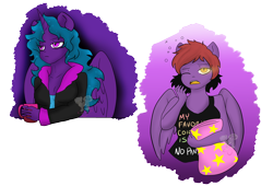 Size: 2500x1700 | Tagged: safe, artist:darkdreamingblossom, oc, oc only, oc:dark dreaming blossom, oc:flutternight, alicorn, pegasus, anthro, alicorn oc, anthro oc, clothes, duo, female, horn, morning ponies, one eye closed, partial background, pegasus oc, pillow, tank top, transparent background, wings, yawn