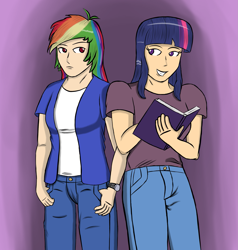 Size: 1999x2102 | Tagged: safe, artist:aflurryofdragons, rainbow dash, twilight sparkle, human, g4, book, clothes, duo, female, humanized