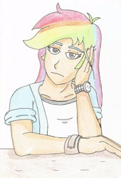 Size: 2346x3454 | Tagged: safe, artist:aflurryofdragons, rainbow dash, human, g4, bored, female, high res, humanized, solo, traditional art