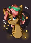 Size: 1500x2066 | Tagged: safe, artist:yuris, oc, oc only, oc:niko, pony, unicorn, abstract background, blue eyes, bust, chest fluff, cute, ear fluff, ear piercing, earring, female, horn, jewelry, mare, piercing, signature, smiling, solo, two toned mane, unicorn oc