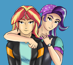 Size: 1311x1180 | Tagged: safe, artist:aflurryofdragons, starlight glimmer, sunset shimmer, human, equestria girls, g4, blue background, clothes, duo, female, human coloration, simple background