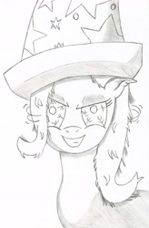 Size: 4512x6864 | Tagged: safe, artist:aflurryofdragons, trixie, pony, unicorn, g4, female, grin, monochrome, simple background, sketch, smiling, solo, traditional art, white background