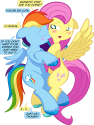 Size: 1920x2547 | Tagged: safe, alternate character, alternate version, artist:alexdti, fluttershy, rainbow dash, pegasus, pony, g4, blushing, dialogue, duo, duo female, eyes closed, female, floppy ears, high res, hooves, kissing, lesbian, mare, narrowed eyes, open mouth, partially open wings, shading, ship:flutterdash, shipping, simple background, speech bubble, spread wings, tail, transparent background, unshorn fetlocks, wings