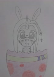 Size: 3954x5552 | Tagged: safe, artist:zerica, oc, oc only, hybrid, zony, bunny ears, colored pencil drawing, easter, easter egg, egg, female, holiday, simple background, solo, traditional art