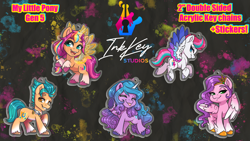 Size: 1920x1080 | Tagged: safe, artist:bumblebun, artist:inkkeystudios, hitch trailblazer, izzy moonbow, pipp petals, sunny starscout, zipp storm, alicorn, earth pony, pegasus, pony, unicorn, g5, my little pony: a new generation, :p, charm, craft, eyes closed, female, keychain, looking at you, male, mane five, mare, race swap, smug, smugzipp, stallion, sticker, sunnycorn, tongue out, unshorn fetlocks