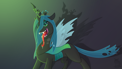 Size: 1920x1080 | Tagged: safe, artist:snailbert-arts, queen chrysalis, changeling, changeling queen, g4, crown, drool, fangs, female, forked tongue, gradient background, jewelry, regalia, sharp teeth, solo, teeth, transparent wings, wings