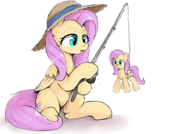 Size: 1189x904 | Tagged: safe, artist:dosh, fluttershy, pegasus, pony, g4, drawthread, female, fishing, fishing rod, hat, mare, open mouth, plushie, self plushidox, simple background, sitting, solo, straw hat, white background