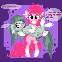 Size: 2500x2500 | Tagged: safe, artist:rurihal, marble pie, pinkie pie, earth pony, pony, g4, bipedal, blushing, bronybait, chest fluff, coat markings, ear fluff, female, gritted teeth, high res, holding a pony, leg fluff, looking at you, siblings, sisters, smiling, smiling at you, socks (coat markings), teeth